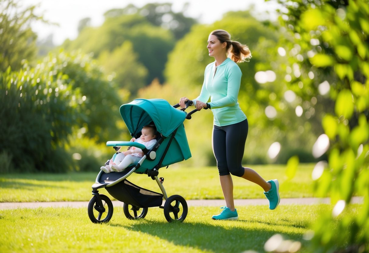 A serene outdoor scene with a mother pushing a stroller, surrounded by greenery and sunlight, engaging in physical activity such as walking or jogging