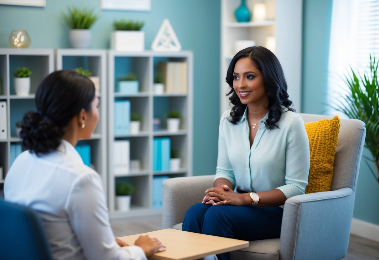 A woman sitting in a therapist's office, surrounded by calming decor, as she engages in a conversation with a professional counselor