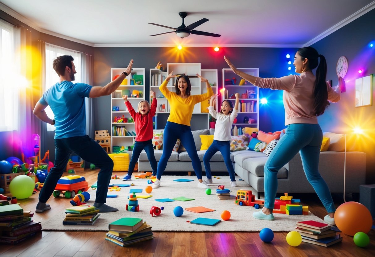 A living room filled with toys and scattered books, with upbeat music playing and colorful lights flashing as a family dances and exercises together