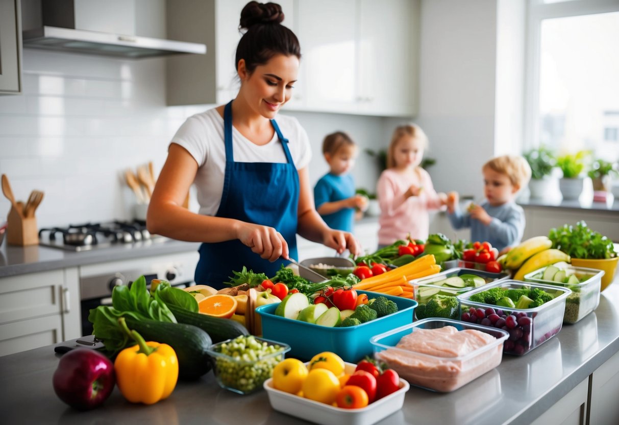 A kitchen counter with various fresh fruits, vegetables, and lean proteins neatly organized in containers. A busy parent juggles meal prep while keeping an eye on children playing in the background