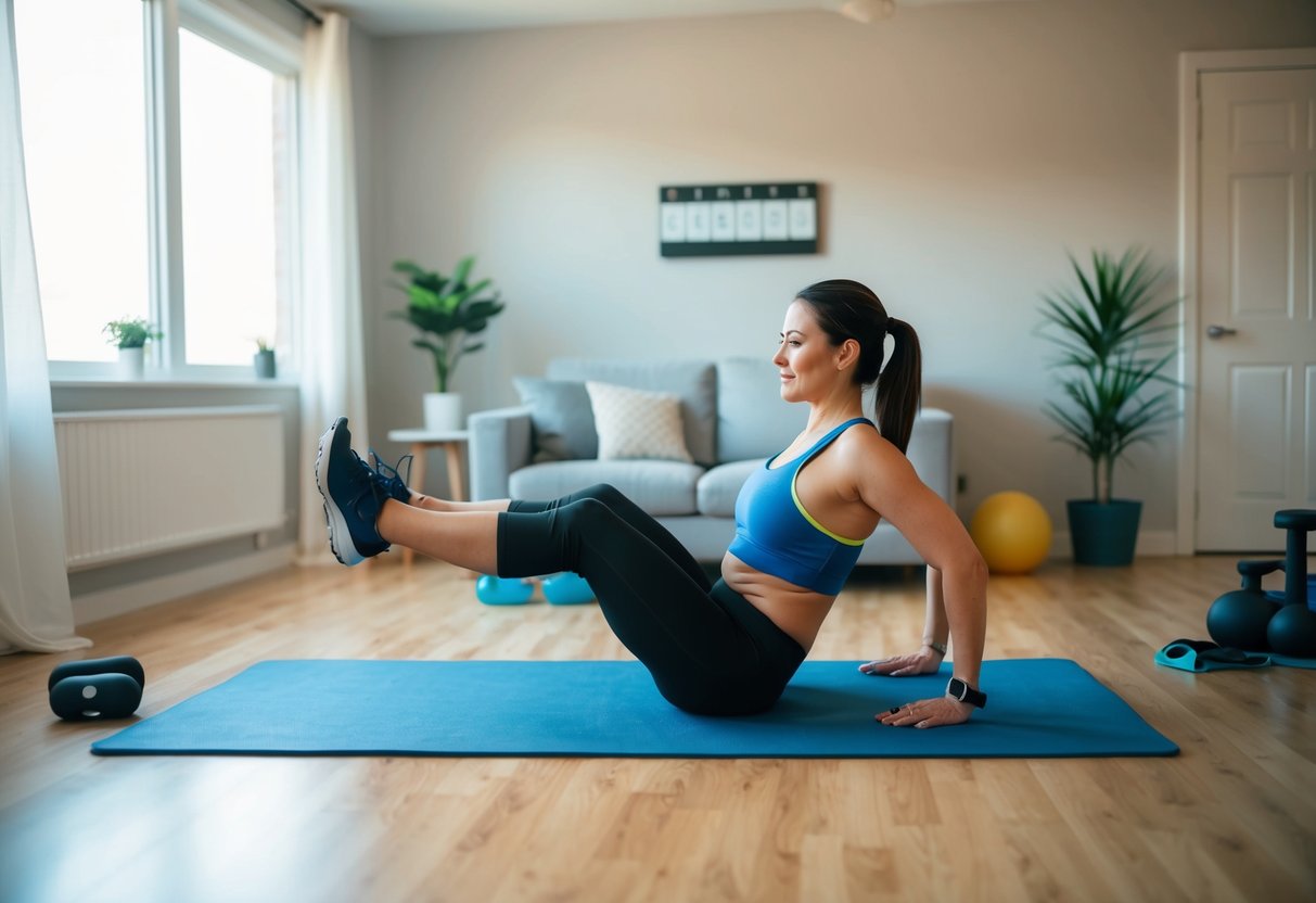 A busy parent doing a quick HIIT workout in a clutter-free living room with a timer on the wall