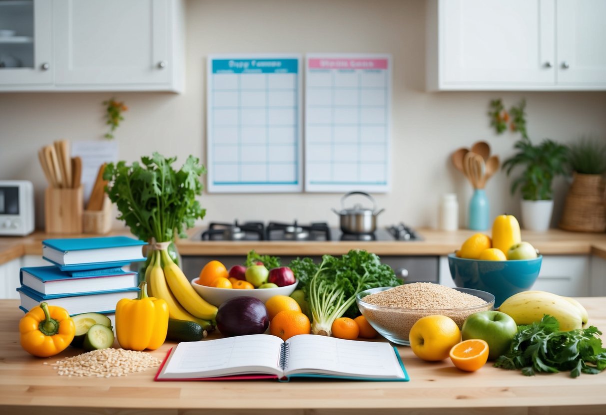 A kitchen counter with fresh fruits, vegetables, and whole grains, surrounded by a busy parent's schedule and healthy recipe books