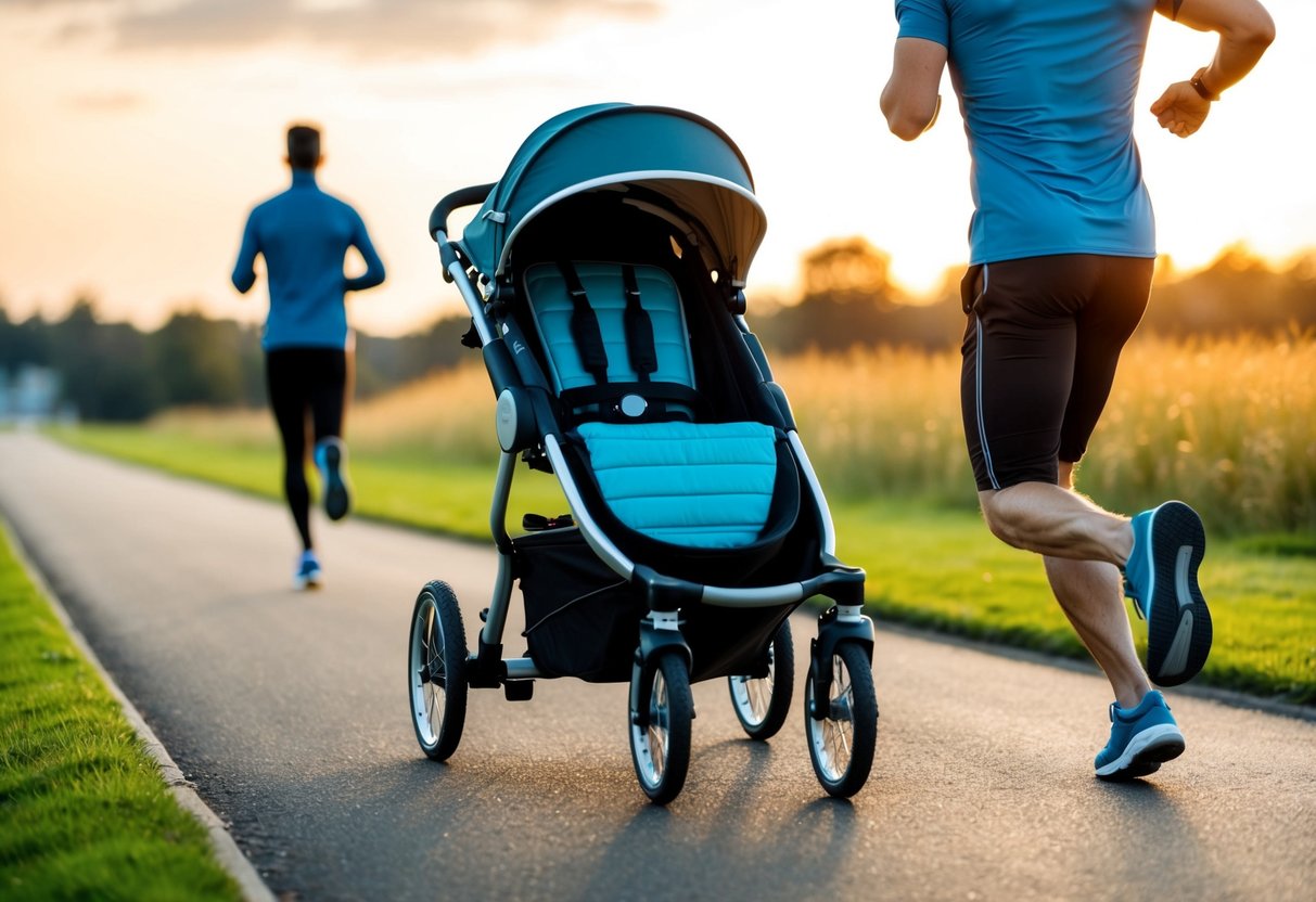 A stroller glides along a running path, with a parent jogging alongside. The sun is setting, casting a warm glow over the scene