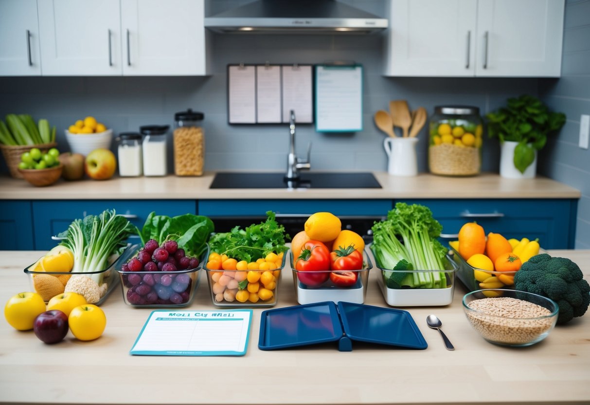 A kitchen counter with a variety of fresh fruits, vegetables, and whole grains neatly organized in containers. A meal planner and grocery list are displayed nearby