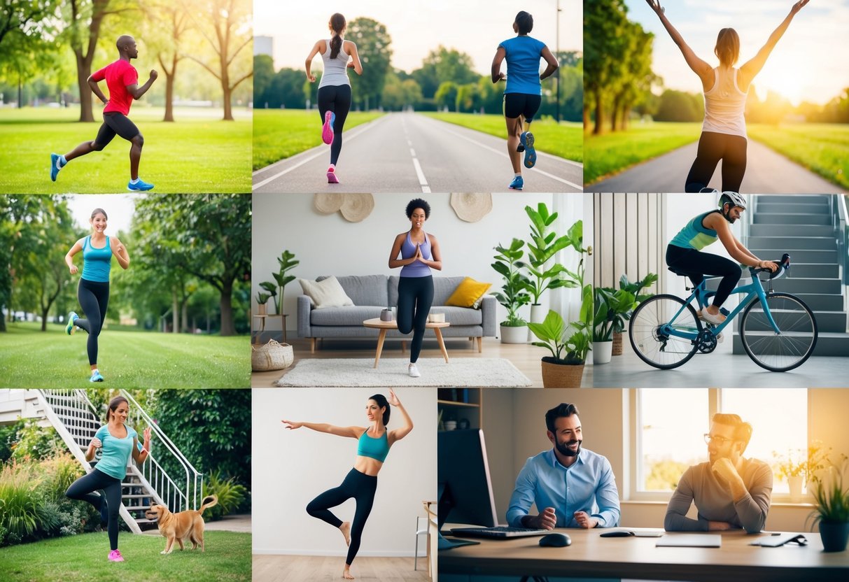 A person jogging in the park, doing yoga in the living room, biking to work, dancing in the kitchen, gardening, taking the stairs, playing with a pet, and stretching at their desk