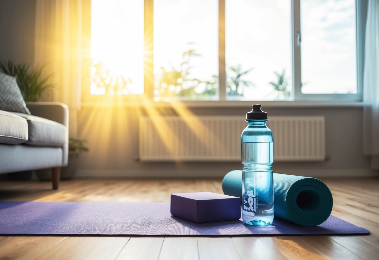 A peaceful living room with a yoga mat, blocks, and a water bottle. Sunlight streams in through the window, creating a warm and inviting atmosphere