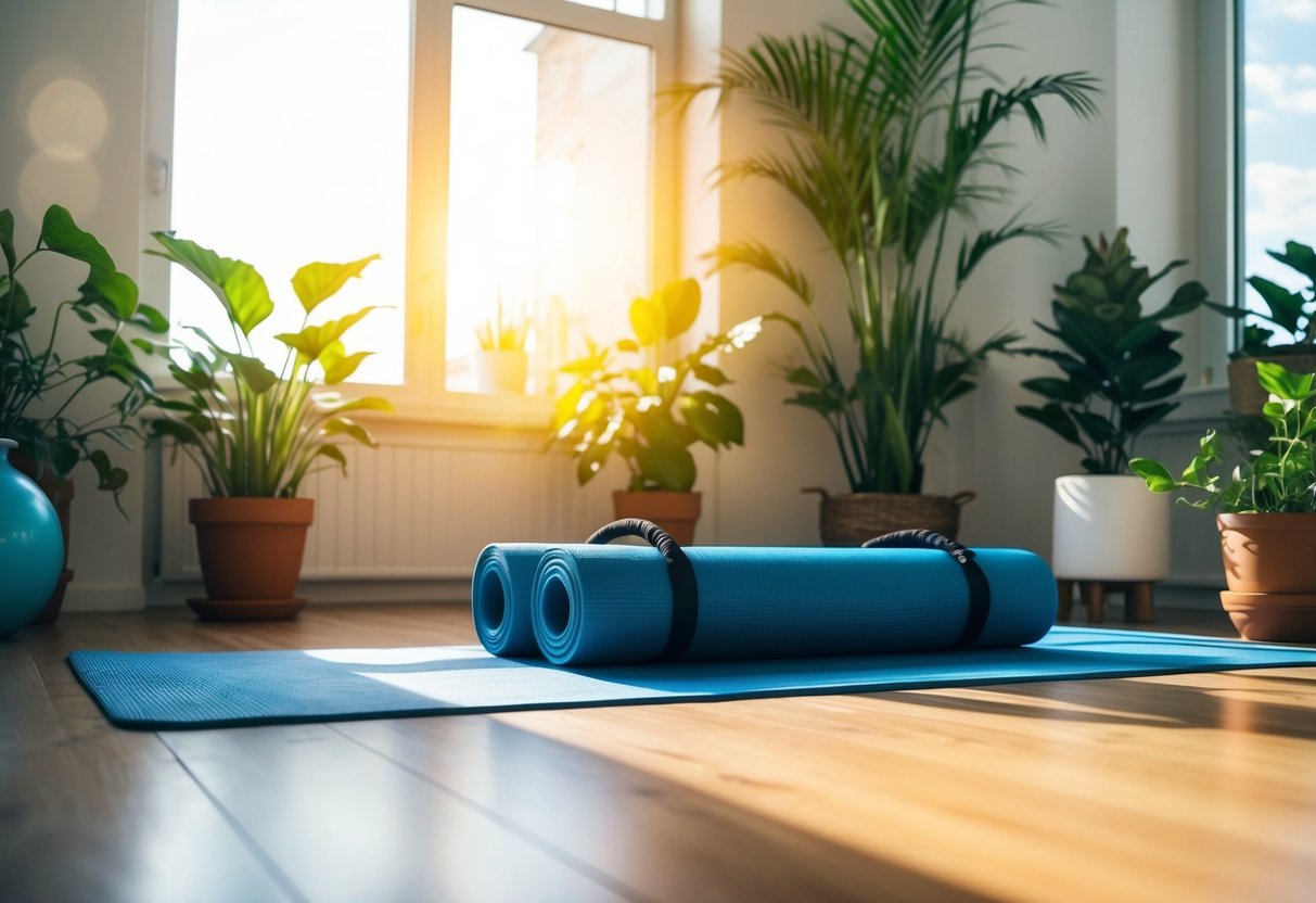 A sunlit room with a yoga mat and exercise equipment, surrounded by plants and natural light