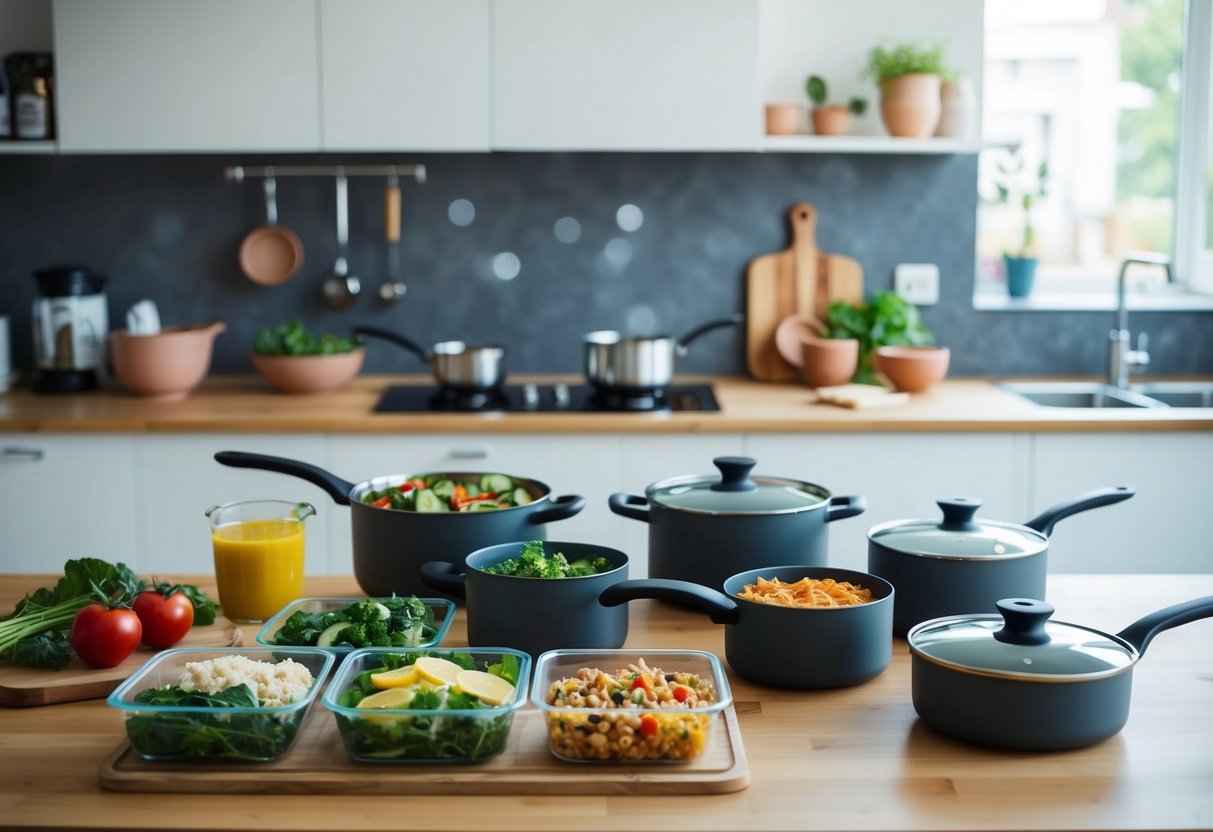 A kitchen counter with various prepped ingredients, pots and pans, and healthy meal containers ready for the week ahead