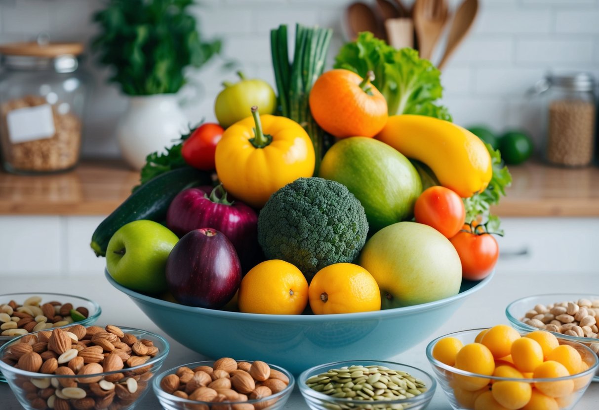 A colorful assortment of fresh fruits and vegetables arranged in a bowl on a kitchen counter, with a variety of nuts and seeds in clear, accessible containers nearby