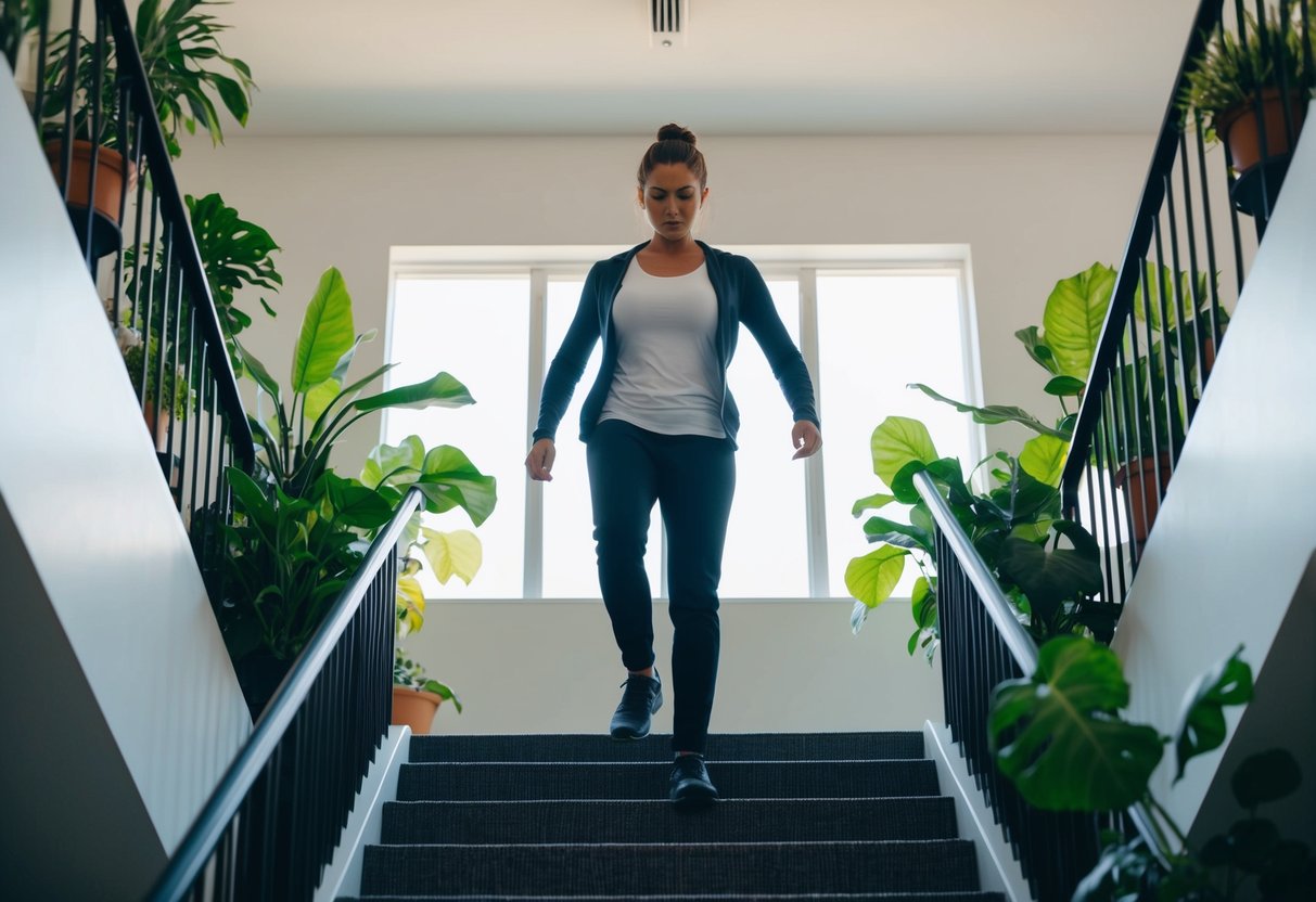 A person walking up a staircase with a determined expression, surrounded by vibrant plants and natural light streaming in through the windows