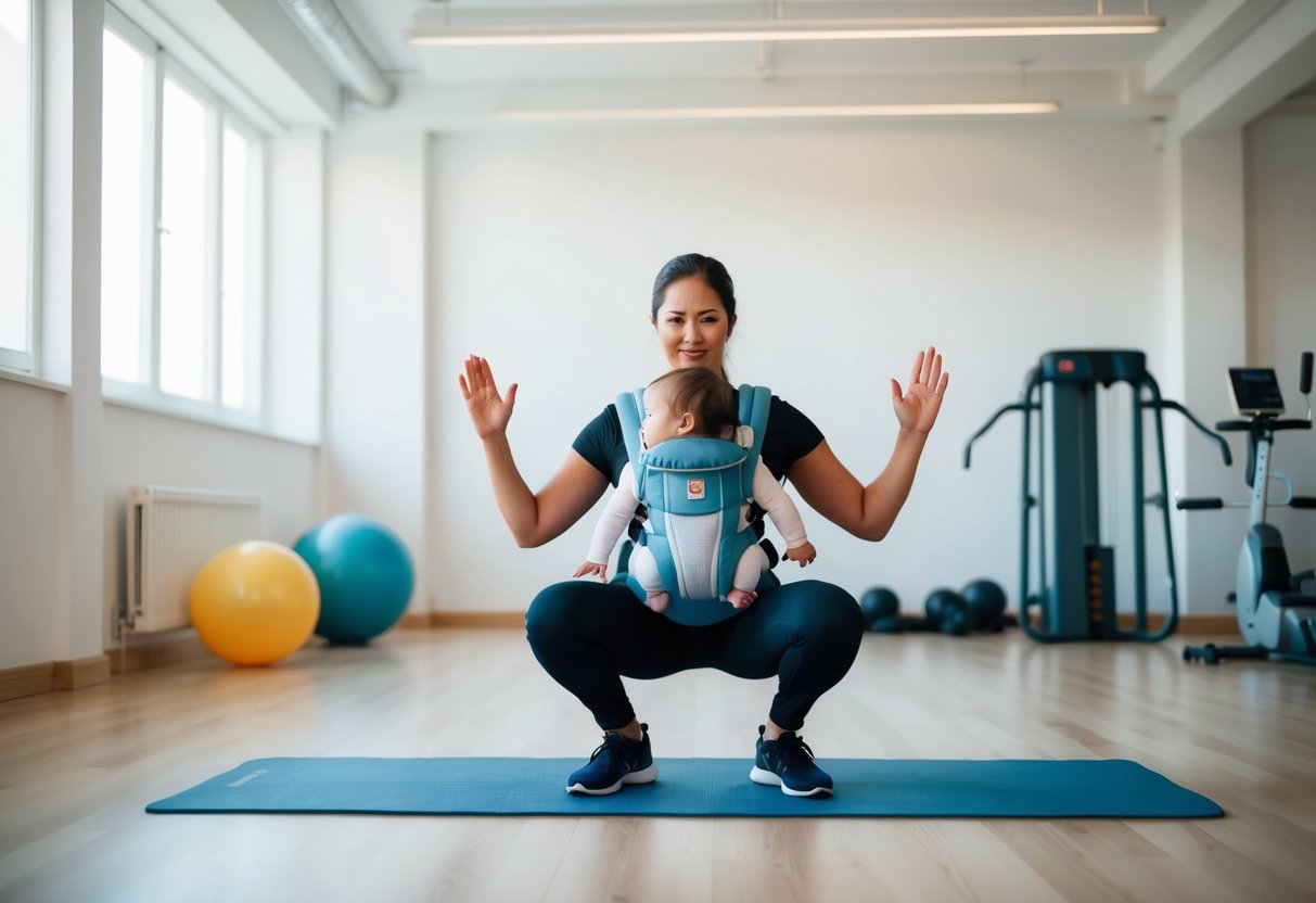 A parent wearing a baby in a carrier while doing various exercises such as squats, lunges, and arm raises in a bright, spacious room with exercise equipment