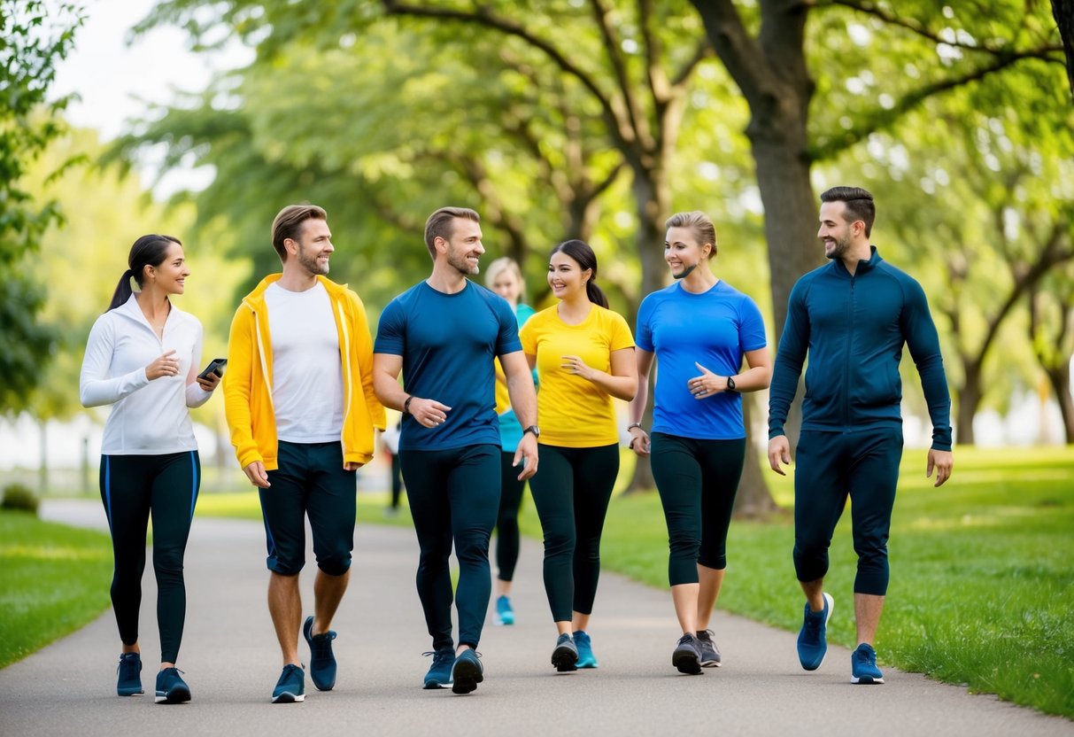 A group of people walk and talk outdoors, surrounded by trees and greenery. They engage in a meeting while incorporating physical activity into their daily routine