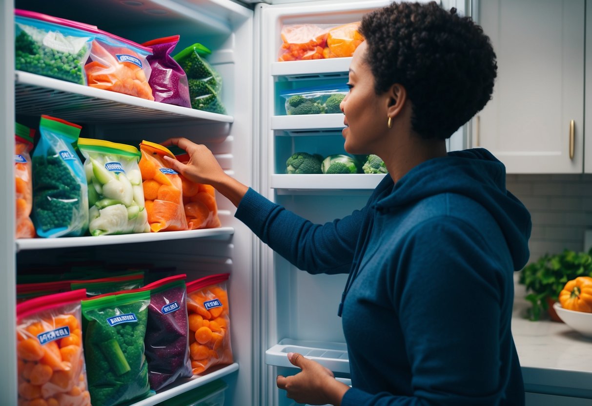 A busy parent reaching into a freezer filled with an assortment of colorful bags of frozen vegetables