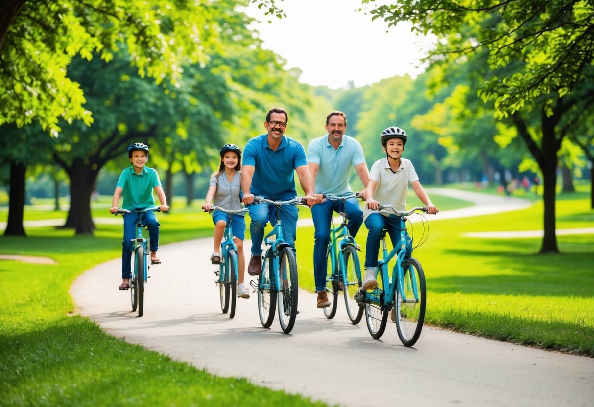 A family of four rides bicycles together through a scenic park, surrounded by lush green trees and a winding path