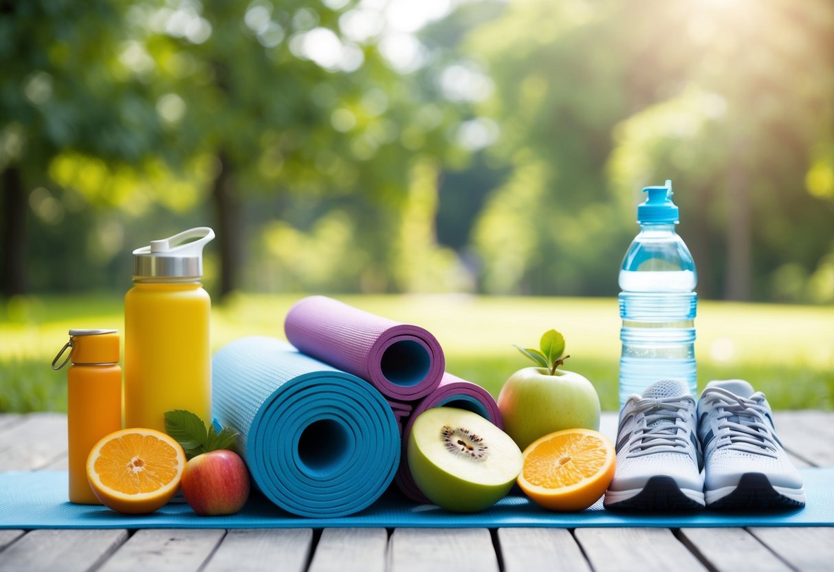 A serene and balanced scene with various elements representing physical health priorities, such as a yoga mat, fresh fruits, a water bottle, running shoes, and a peaceful outdoor setting