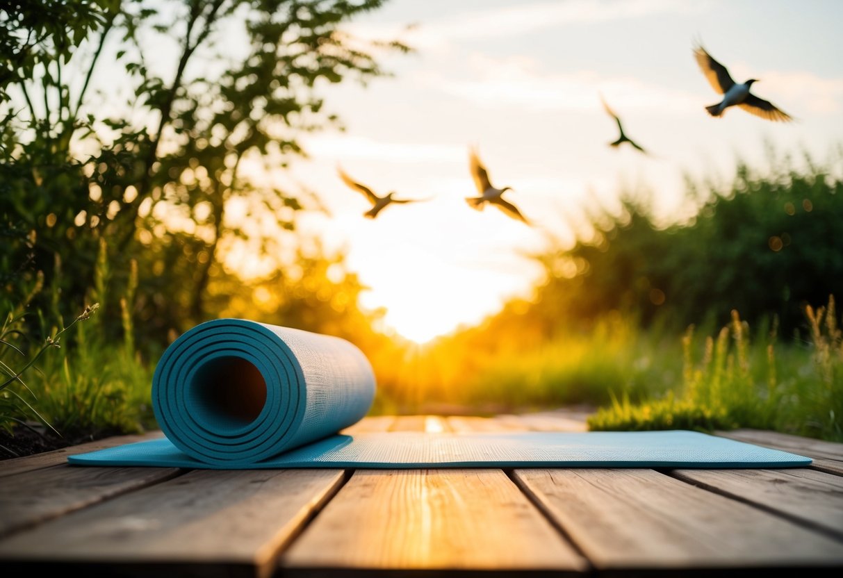 A serene outdoor setting with a yoga mat surrounded by nature, featuring a sunrise, birds chirping, and a sense of calm and tranquility