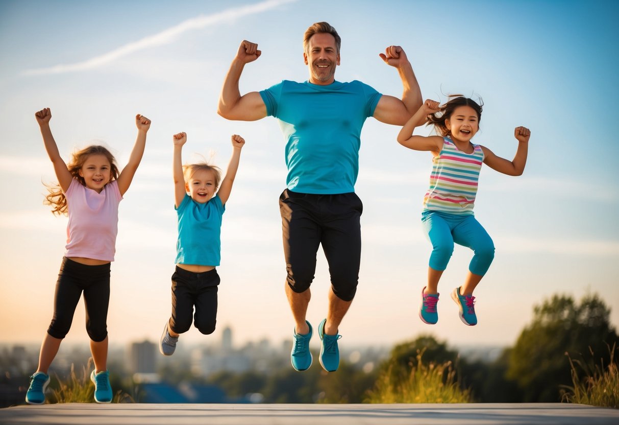 A family-friendly fitness challenge: a parent doing jumping jacks while a child cheers them on