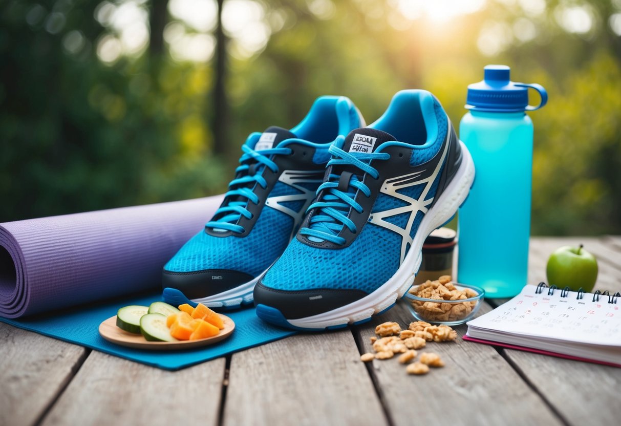 A pair of running shoes surrounded by a yoga mat, water bottle, healthy snacks, a journal, and a calendar with marked off days