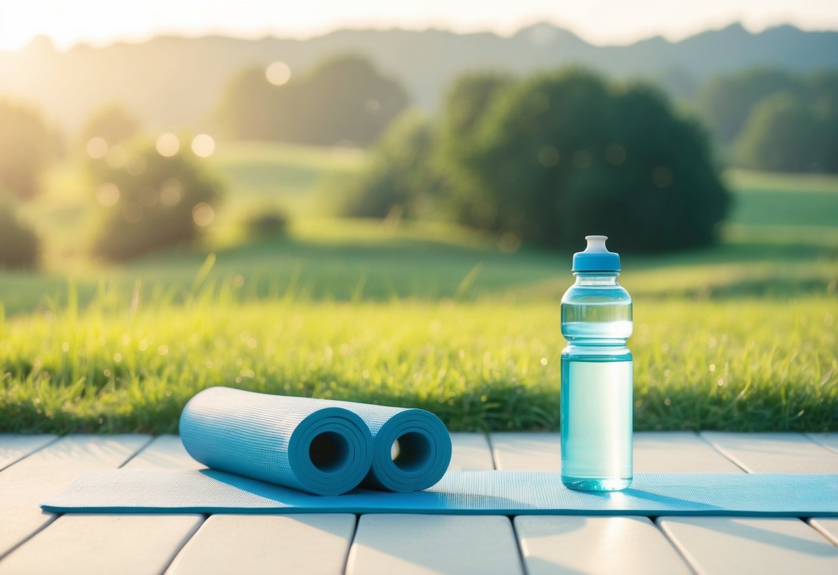 A serene morning landscape with a yoga mat, water bottle, and a set of fitness challenges laid out in a bright, inviting space