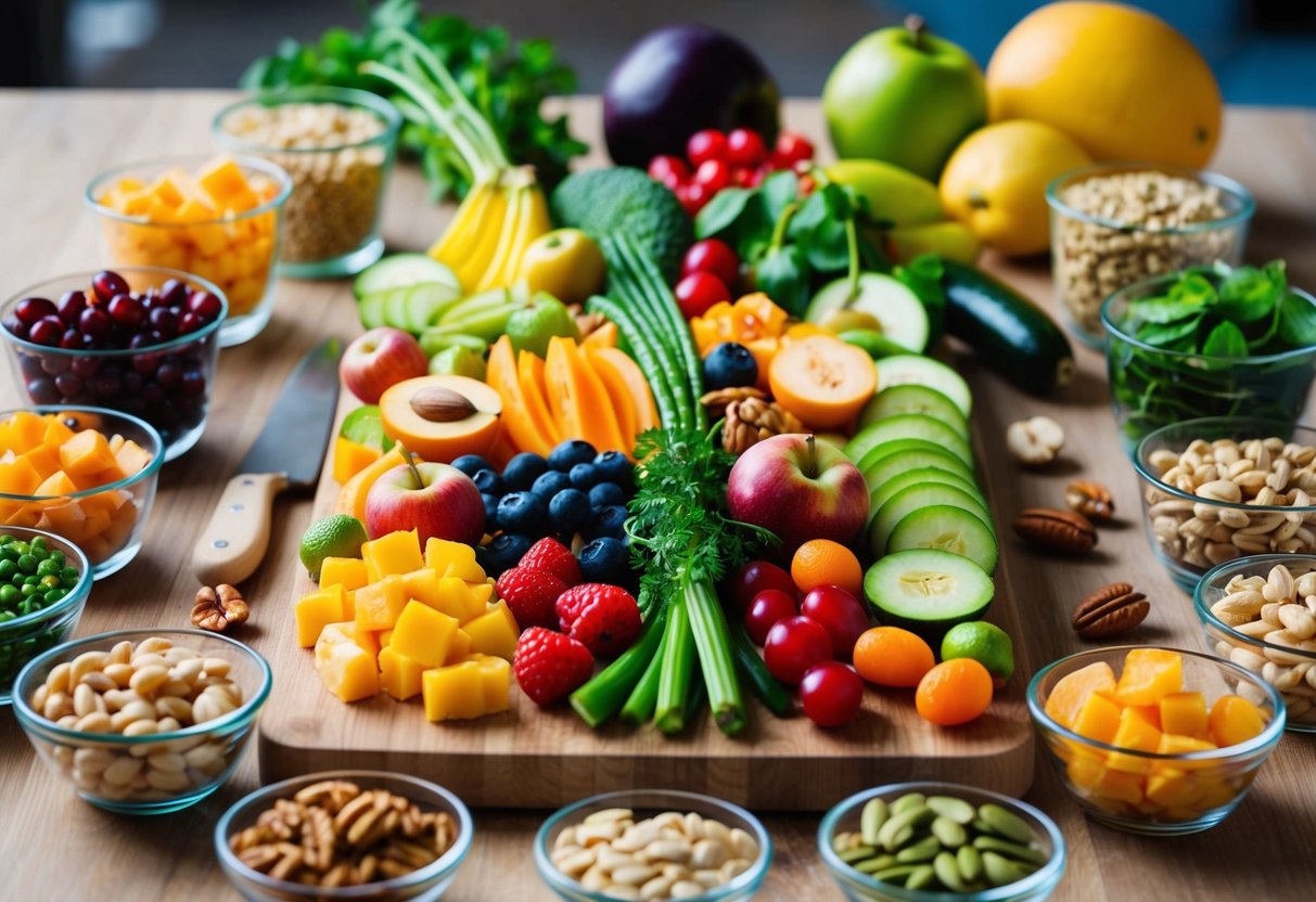 A colorful array of fresh fruits, vegetables, nuts, and seeds neatly arranged on a wooden cutting board, surrounded by a variety of glass containers filled with prepped healthy snacks