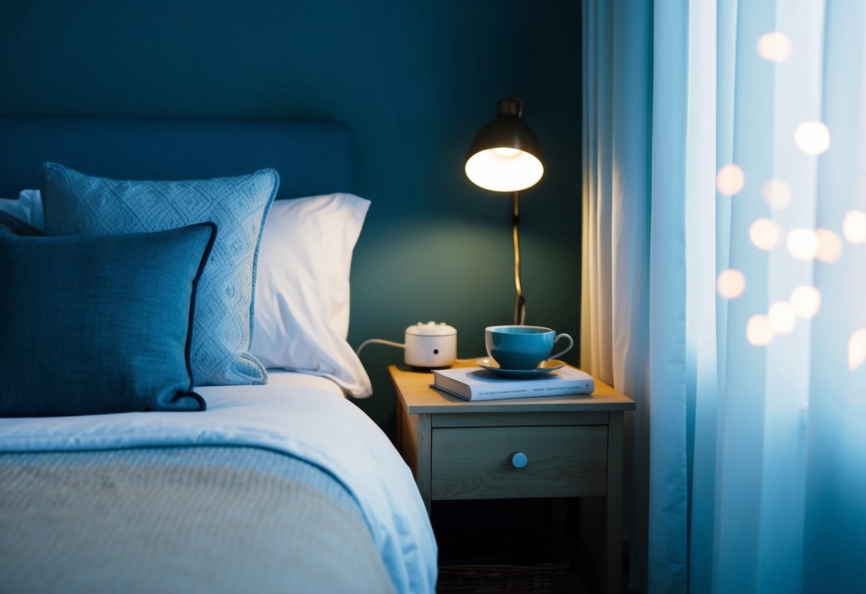 A cozy bedroom with dim lighting, a comfortable bed, and a soothing color palette. A small nightstand holds a book and a cup of herbal tea. A white noise machine hums softly in the background