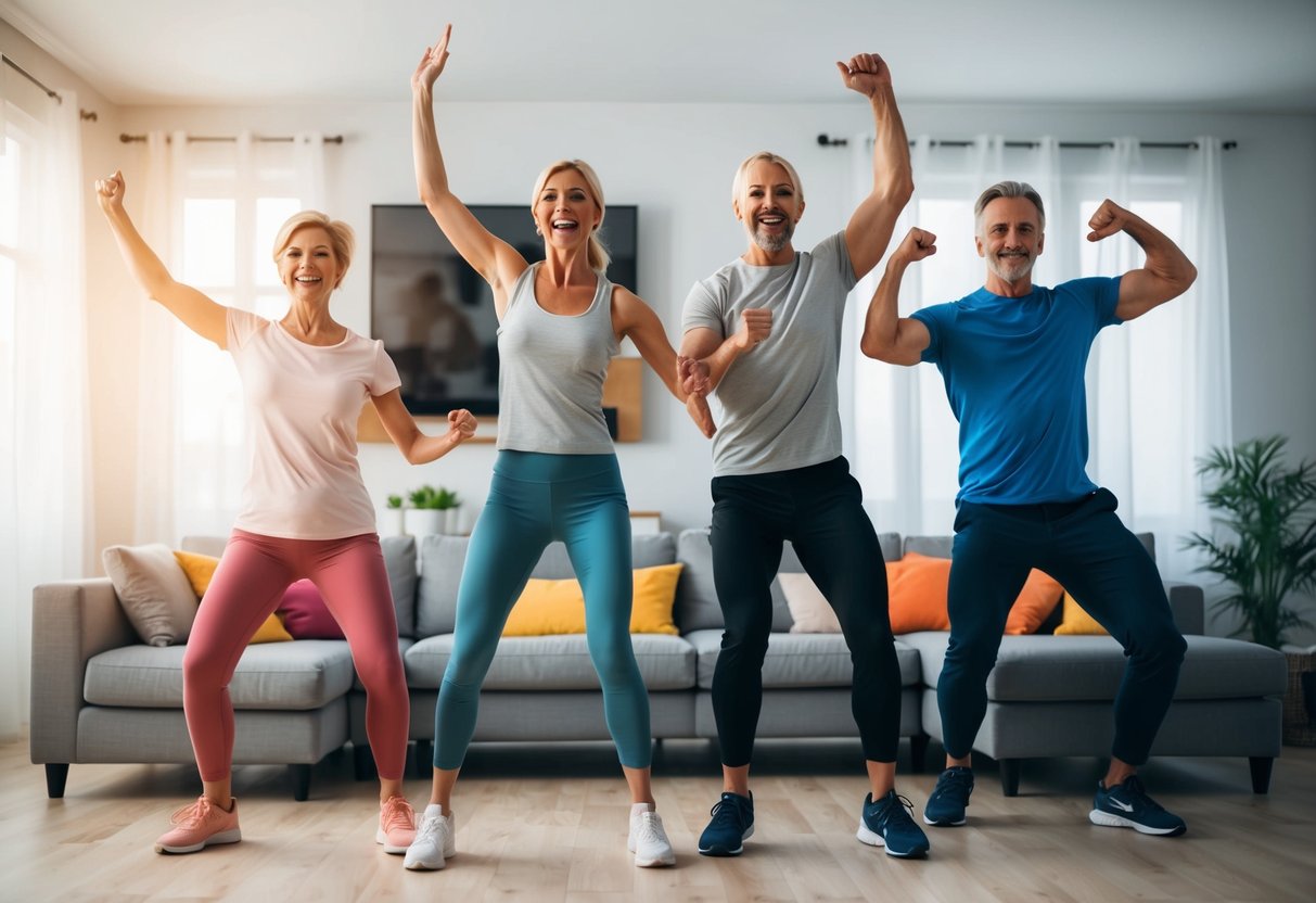 A family of four dancing and completing fitness challenges in a living room with upbeat music playing in the background