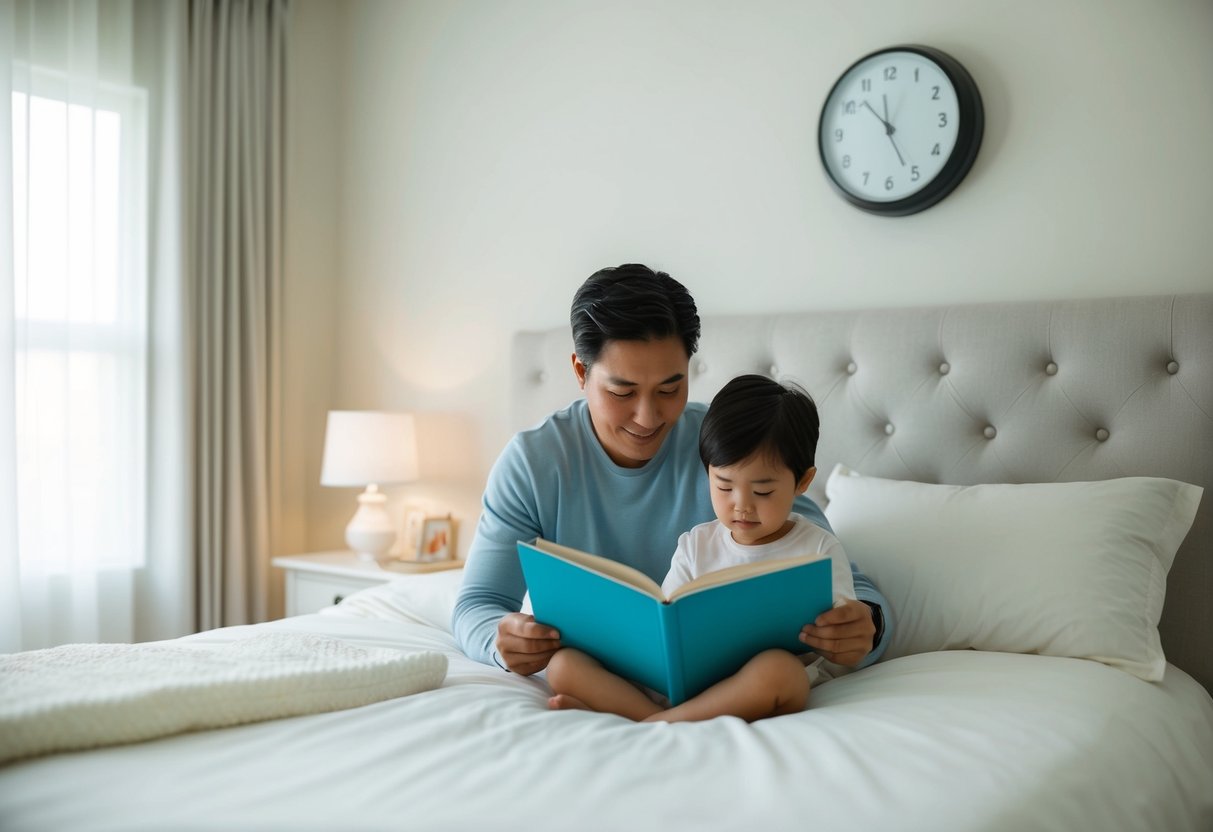 A serene bedroom with soft lighting, a cozy bed, and a clock showing a consistent bedtime. A parent reading a bedtime story to a child