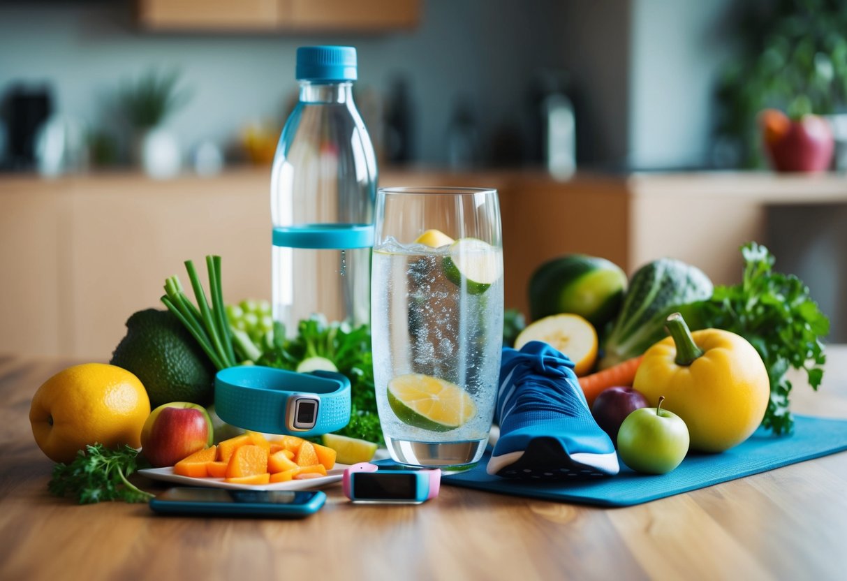 A glass of water surrounded by various fruits and vegetables, a water bottle, a fitness tracker, a yoga mat, running shoes, and a healthy meal