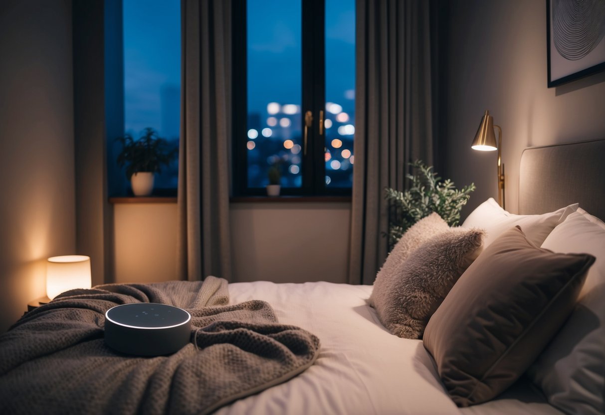 A cozy bedroom with soft, dim lighting, a comfortable bed with plush pillows and blankets, a soothing sound machine, and a few calming decor elements like plants or a gentle night light