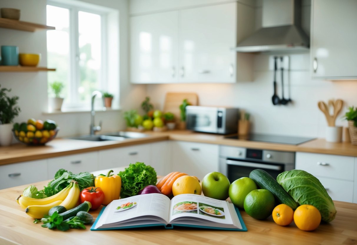 A family kitchen with fresh fruits and vegetables on the counter, a recipe book open to a healthy meal, and exercise equipment in the background