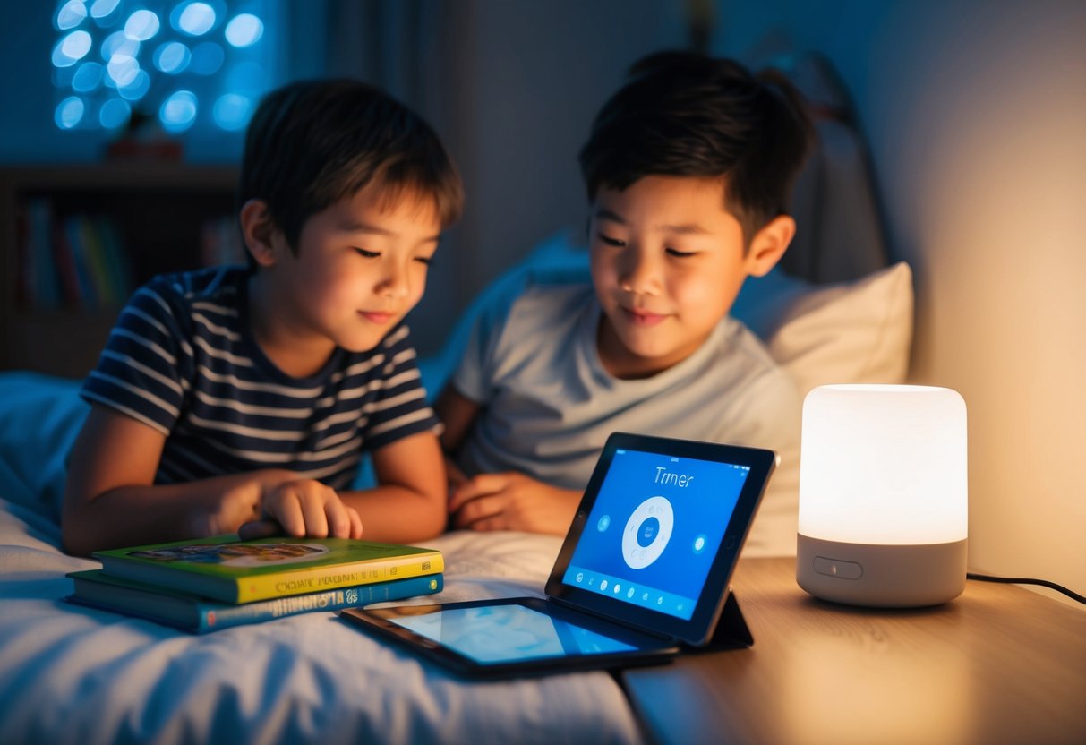 A cozy bedroom with a parent setting a timer on a tablet, while a child's favorite books and a dim night light sit nearby