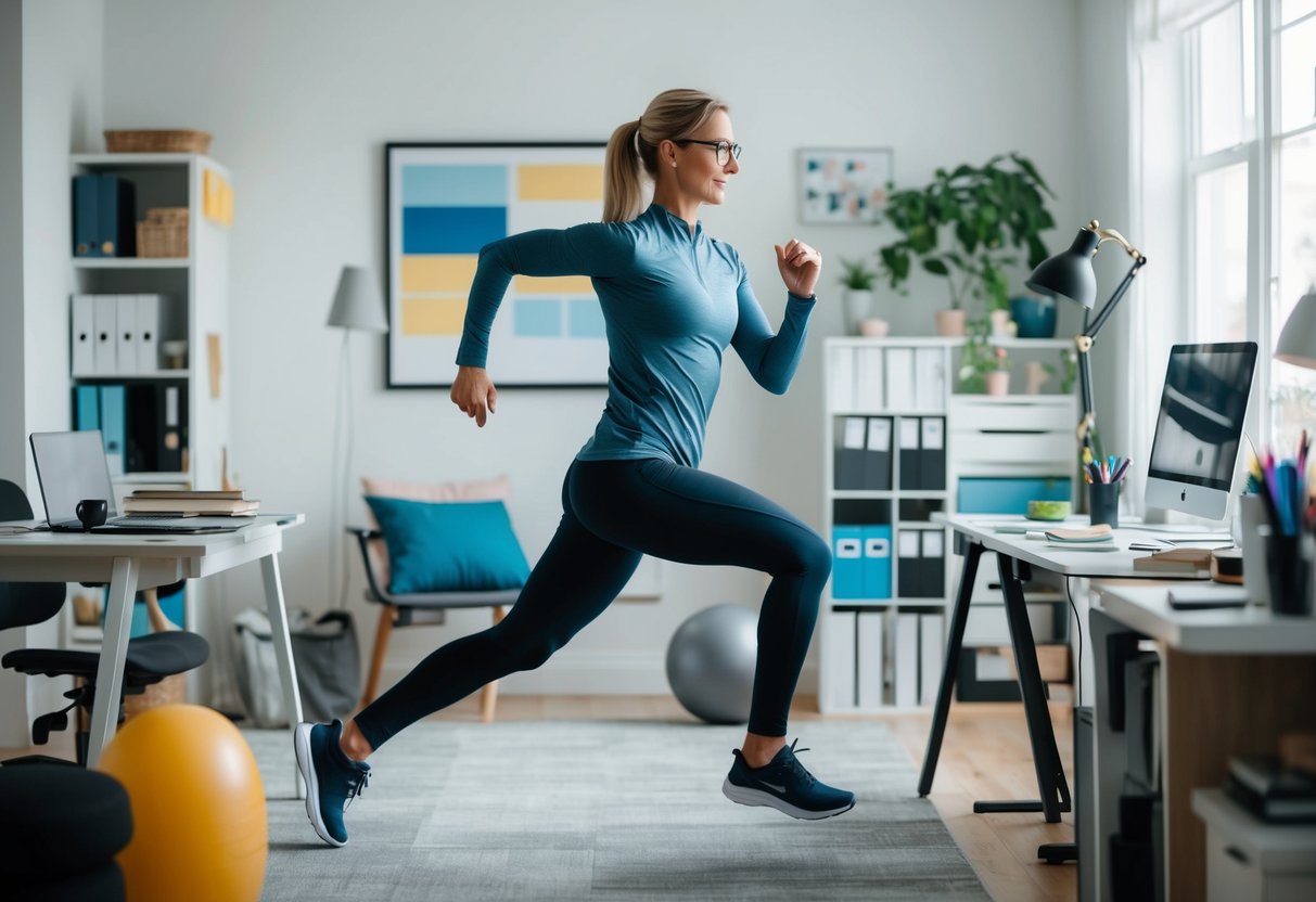 A busy parent juggling work and family life, fitting in quick workouts between tasks. Running, stretching, and lifting weights in a cluttered home office