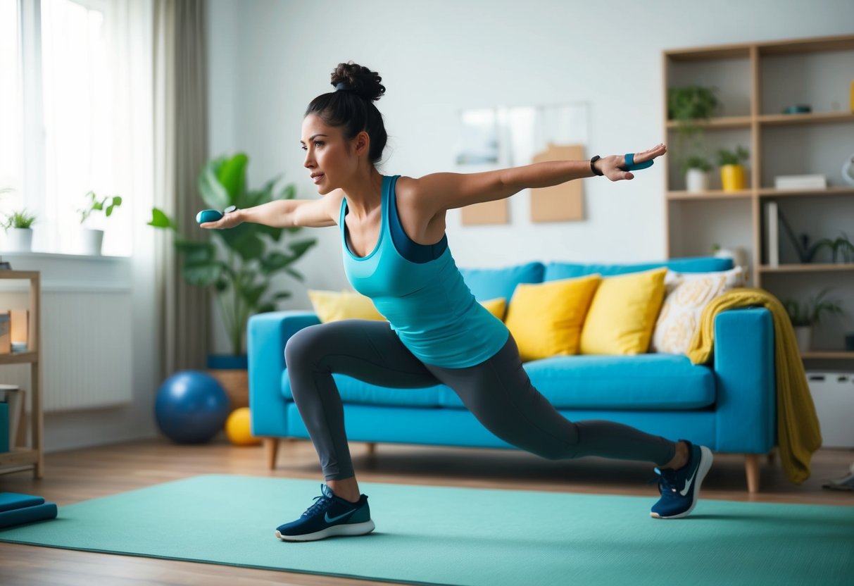 A busy parent in workout clothes quickly moves through a series of high-intensity exercises in a clutter-free living room