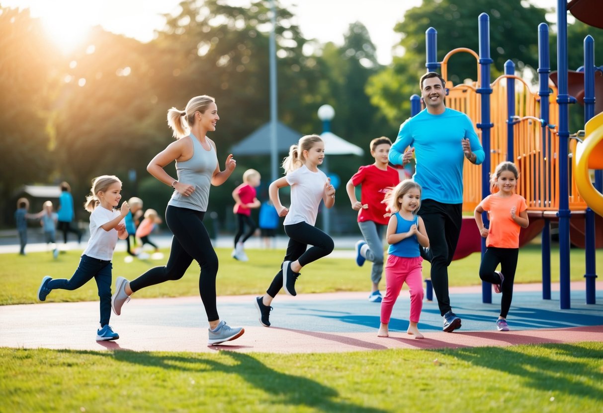 A playground filled with parents jogging, playing with their kids, and doing yoga under the sun