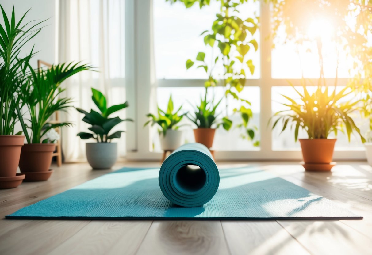 A serene, sunlit room with a yoga mat, plants, and a peaceful atmosphere