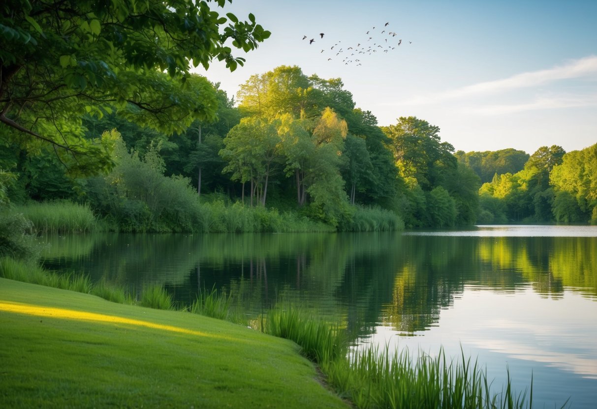 A serene outdoor setting with a calm lake surrounded by lush greenery, a gentle breeze, and the sound of birds chirping in the distance