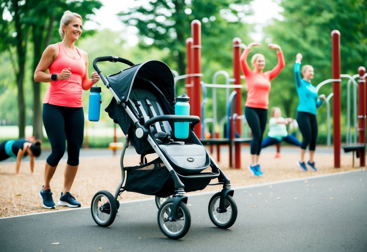 A stroller with workout gear and water bottle parked next to a playground, surrounded by trees and other parents exercising