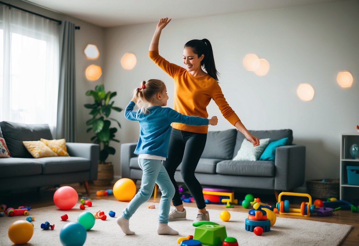 A parent and child dancing together in a living room, surrounded by scattered toys and exercise equipment