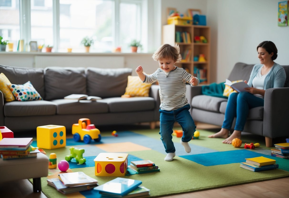 A playful child dances around a cluttered living room, while toys and books are scattered around the floor. A tired parent looks on with a smile, trying to keep up with the energetic movements