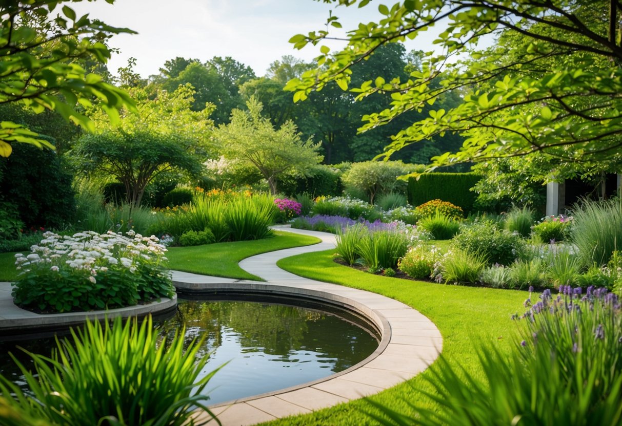 A serene garden with a winding path, blooming flowers, and a peaceful pond surrounded by lush greenery. A gentle breeze rustles the leaves, creating a calming atmosphere