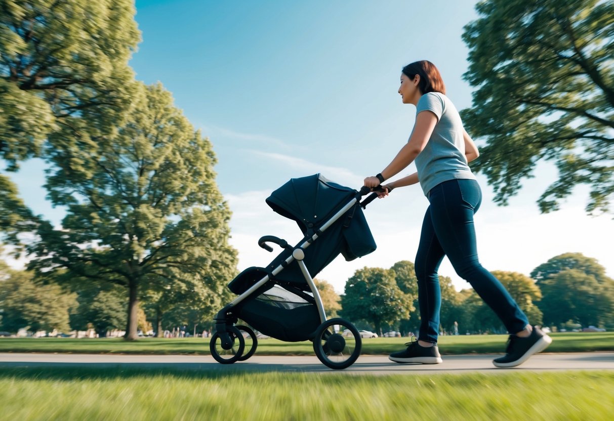 A parent pushes a stroller through a park, surrounded by trees and a clear blue sky. The stroller is in motion, and the parent appears to be walking with purpose