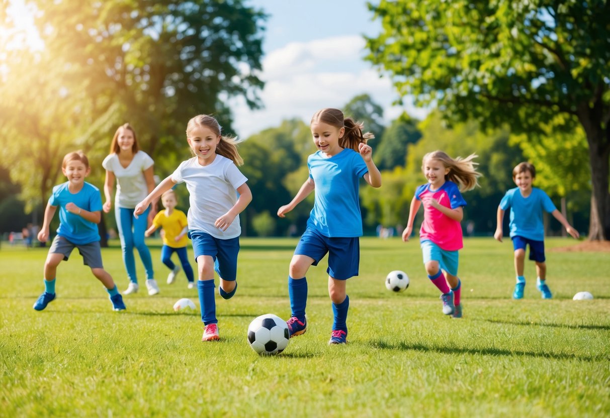 Children playing soccer in a park, parents cheering from the sidelines, while others join in a game of tag nearby. The sun is shining, and everyone is smiling and having fun