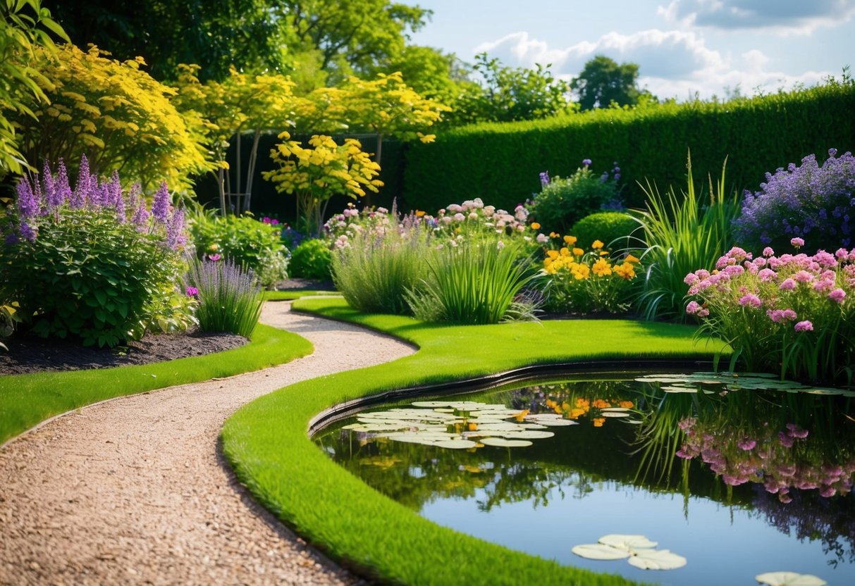 A serene garden with a winding path, blooming flowers, and a peaceful pond reflects the practice of progressive muscle relaxation for stressed parents