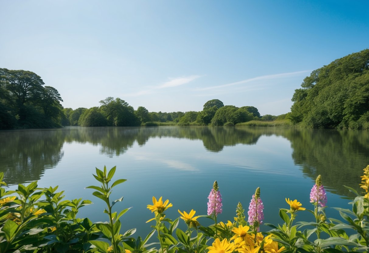 A serene nature scene with a calm, still body of water surrounded by lush greenery and colorful flowers, with a clear blue sky above