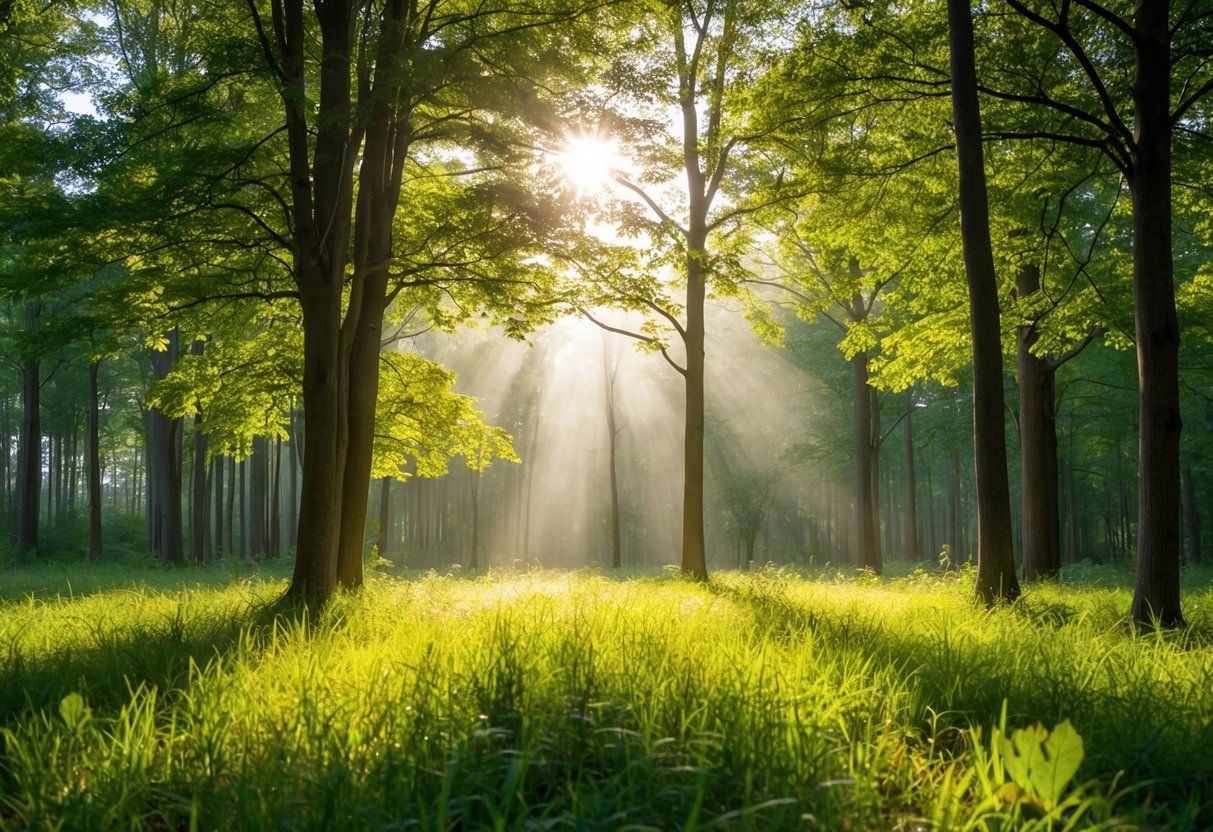 A serene forest clearing with sunlight filtering through the trees, surrounded by peaceful nature and the sound of gently rustling leaves