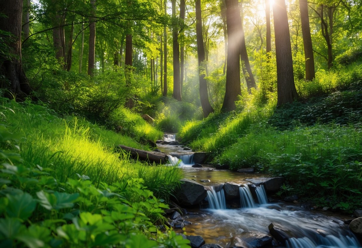 A serene forest clearing with a trickling stream, dappled sunlight, and lush greenery, creating a peaceful and calming atmosphere for relaxation exercises