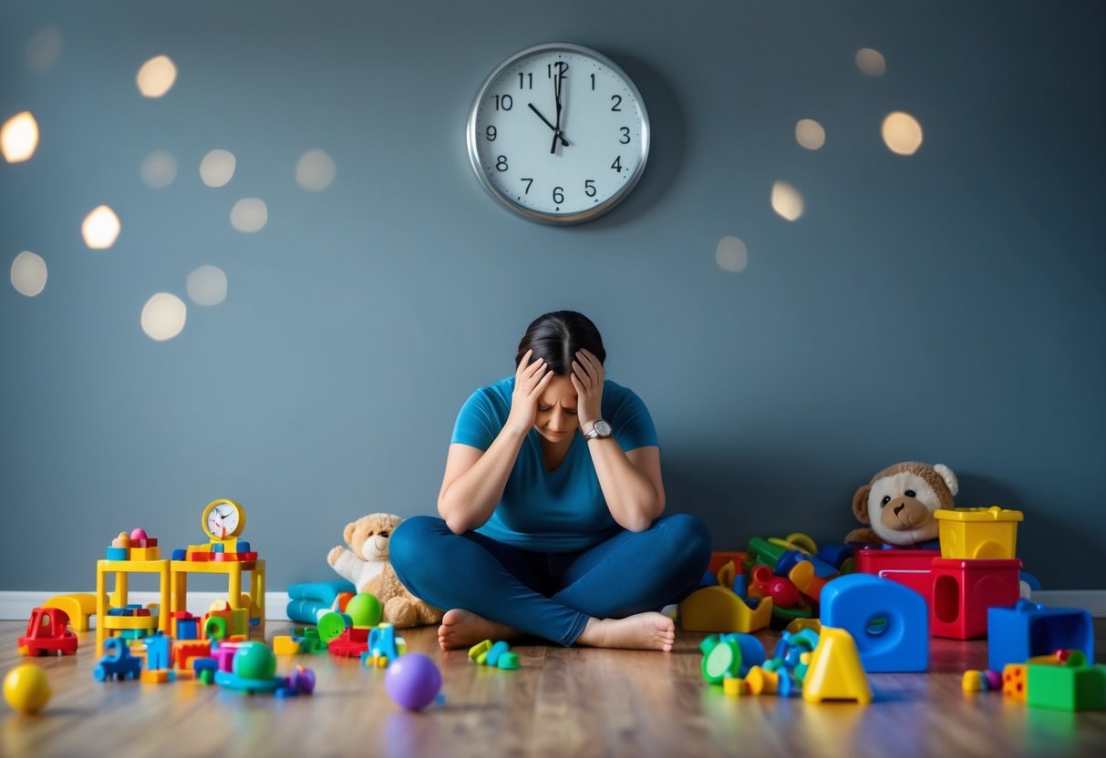 A parent sitting alone, surrounded by scattered toys, with a tired and stressed expression on their face. A clock on the wall shows a late hour