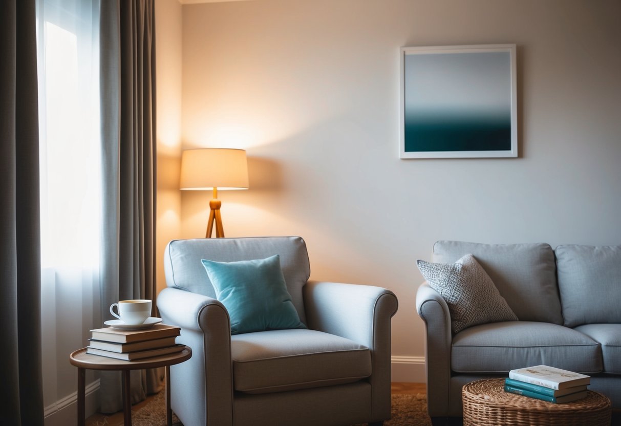 A cozy living room with soft lighting, a comfortable armchair, and a warm cup of tea on a side table. A stack of books and a calming piece of artwork on the wall create a peaceful atmosphere