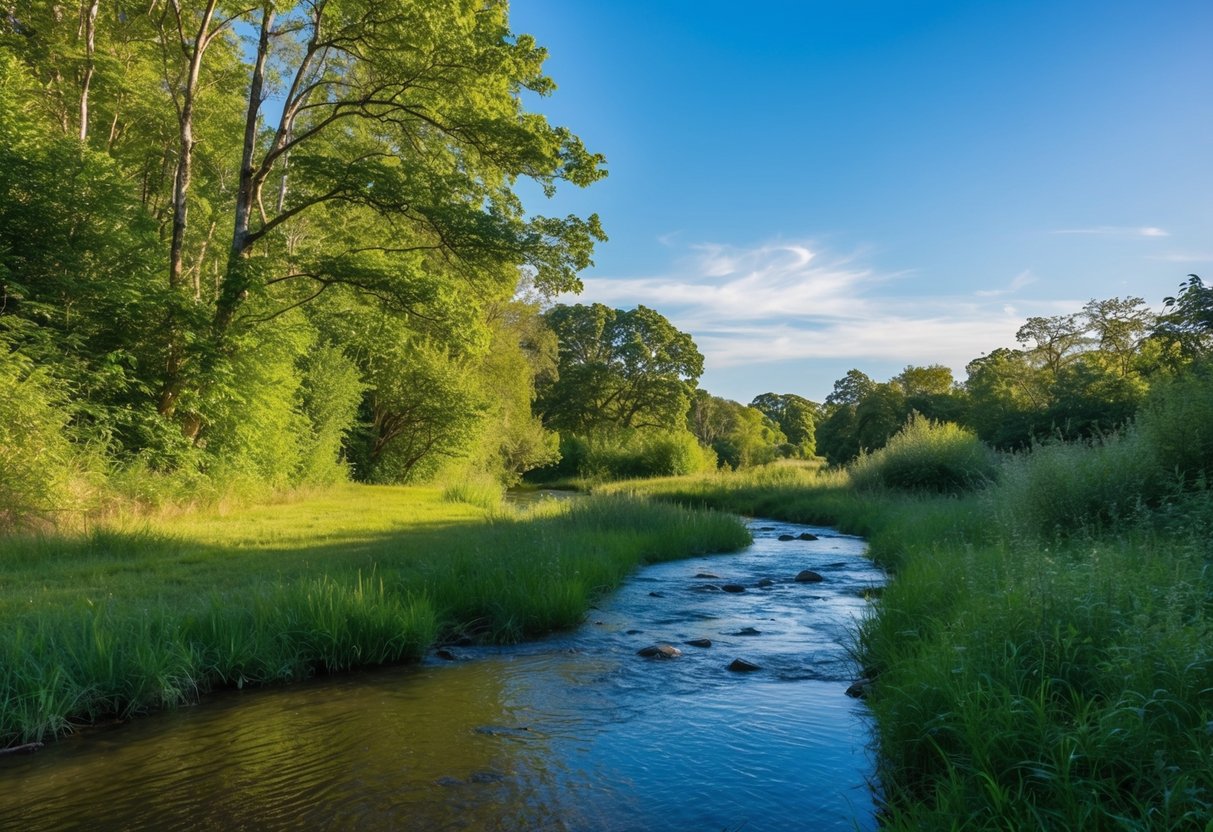 A serene nature scene with a peaceful stream, lush greenery, and a clear blue sky, evoking a sense of tranquility and calm