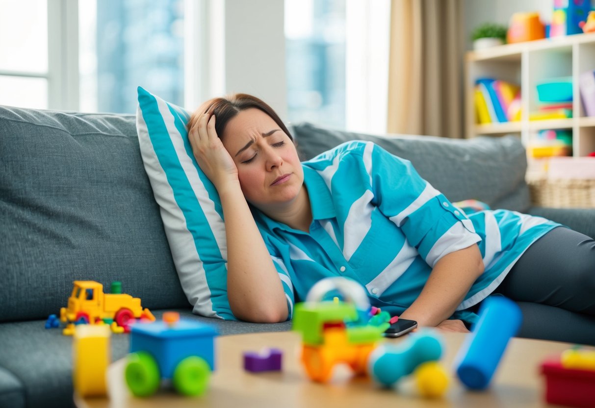 A tired parent slumps on a couch, surrounded by scattered toys and unfinished tasks, with heavy bags under their eyes